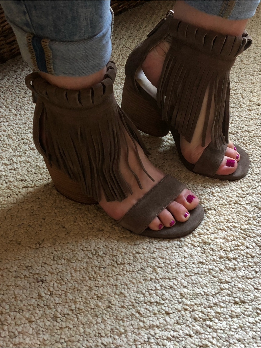 Anthropologie Matiko Morgan Fringe Block Heel Sandals Taupe 38 Euro or US 8